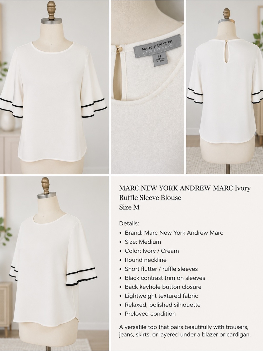 Marc New York Ivory Ruffle Sleeve Blouse